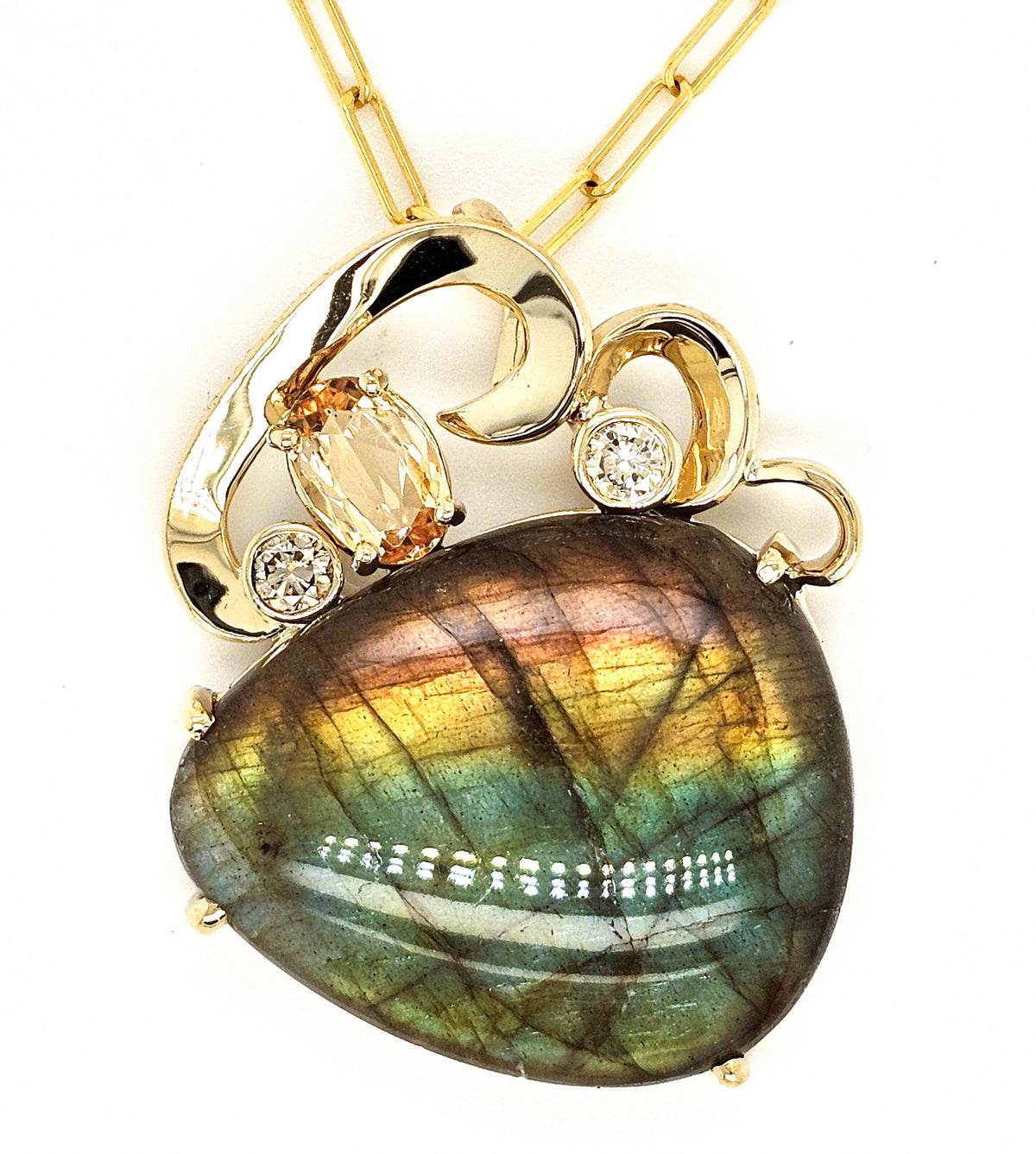 One-of-a-Kind 14K Yellow Gold Precious Topaz and Diamond Pendant with Paperclip Chain