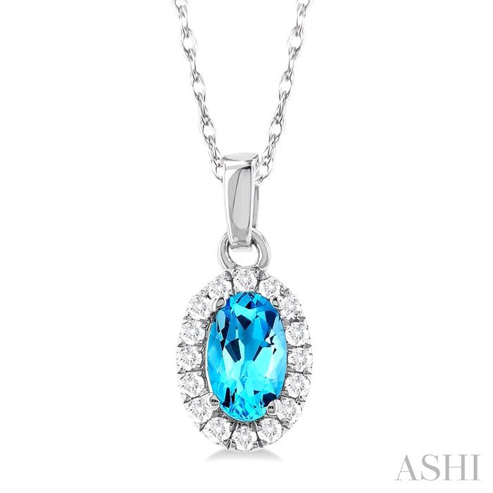 10K White Gold Oval Blue Topaz and Diamond Halo Pendant