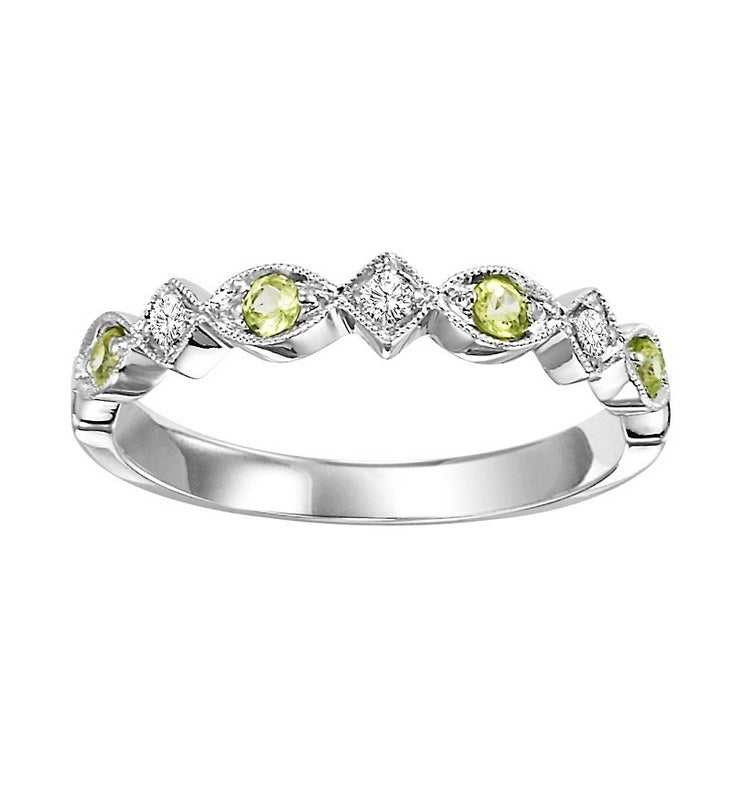 10K White Gold Beaded Edge Stackable Peridot and Diamond Gemstone Ring