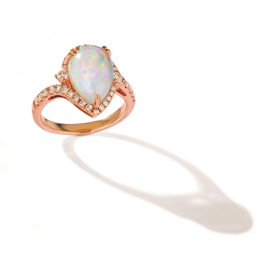 14K Rose Gold Halo Cabochon Gemstone and Champagne Diamond Ring