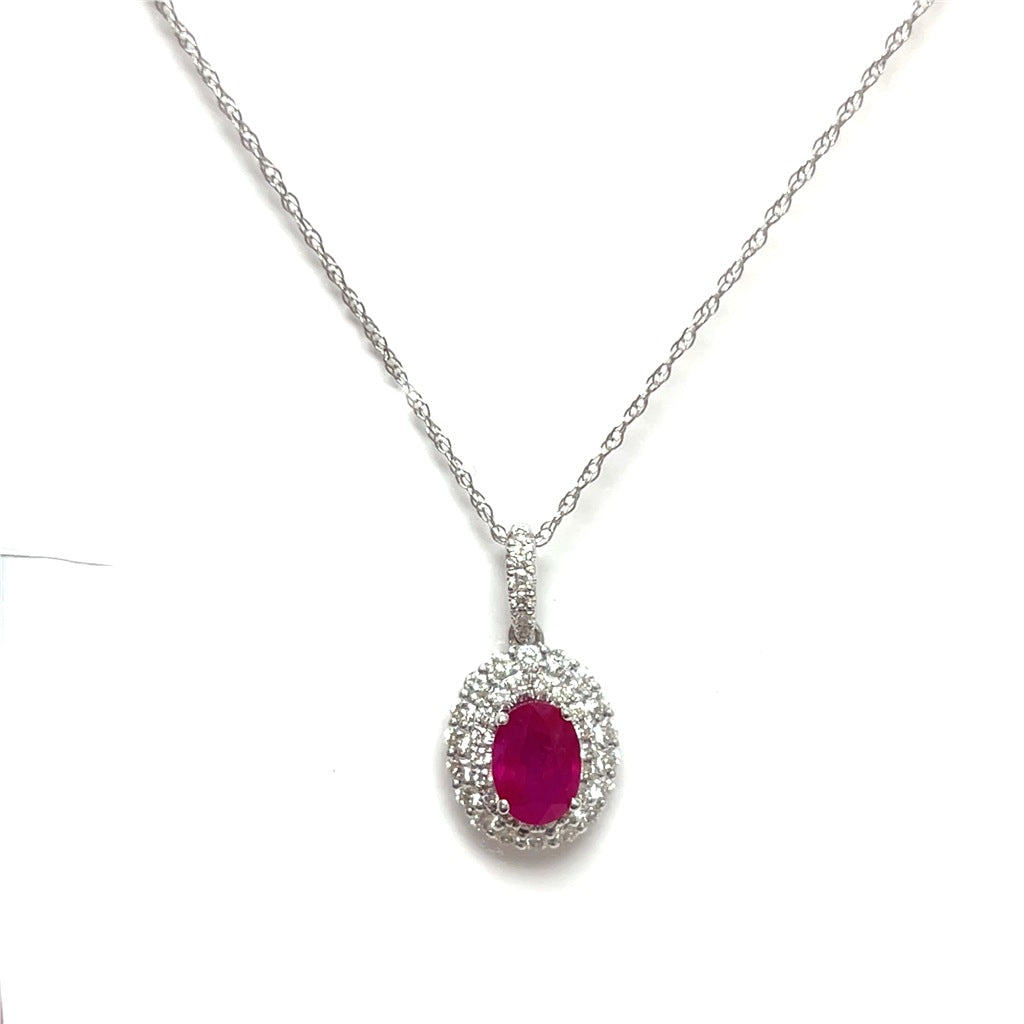 14K White Gold Oval Ruby and Diamond Halo Pendant
