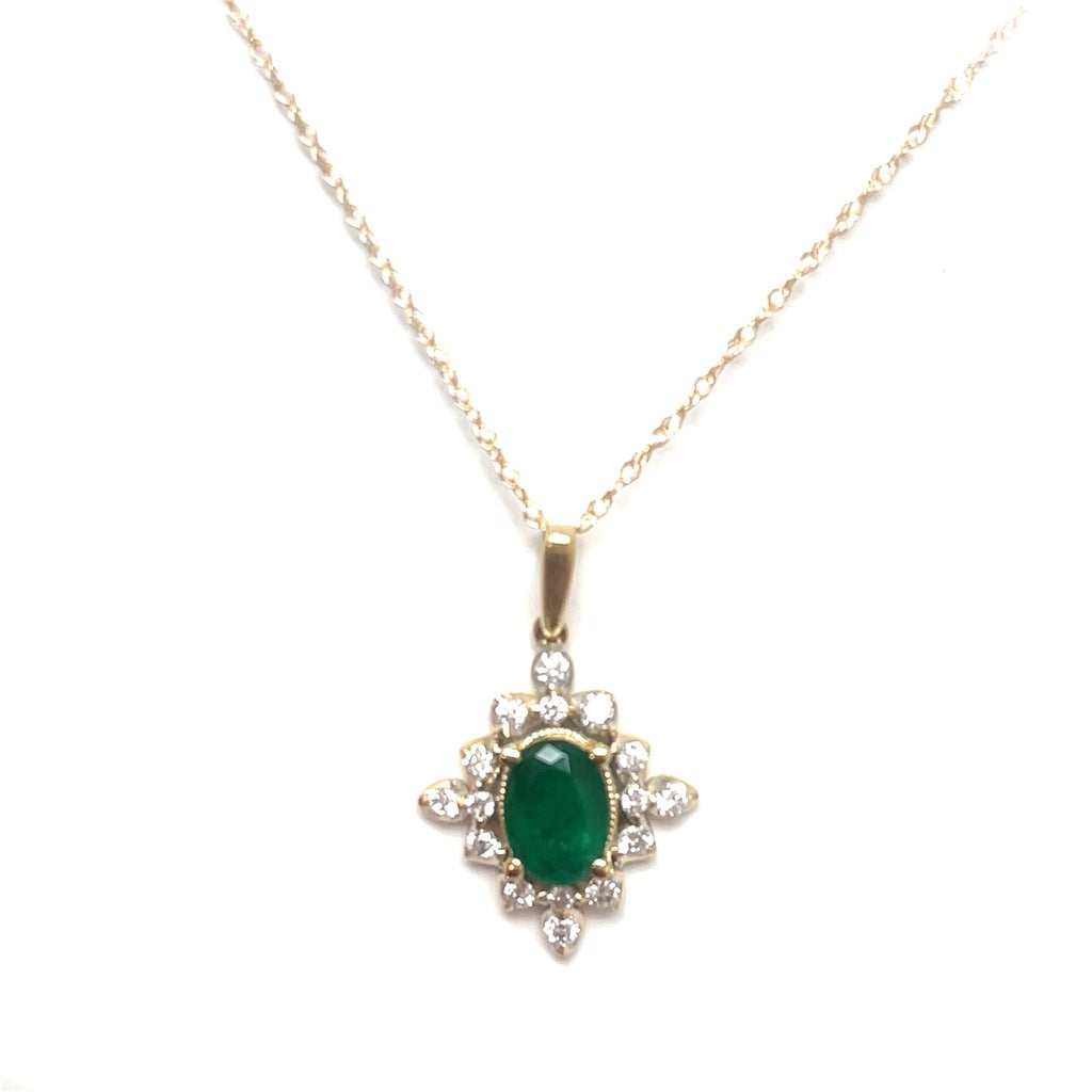 14K Yellow Gold Oval Emerald and Diamond Halo Pendant