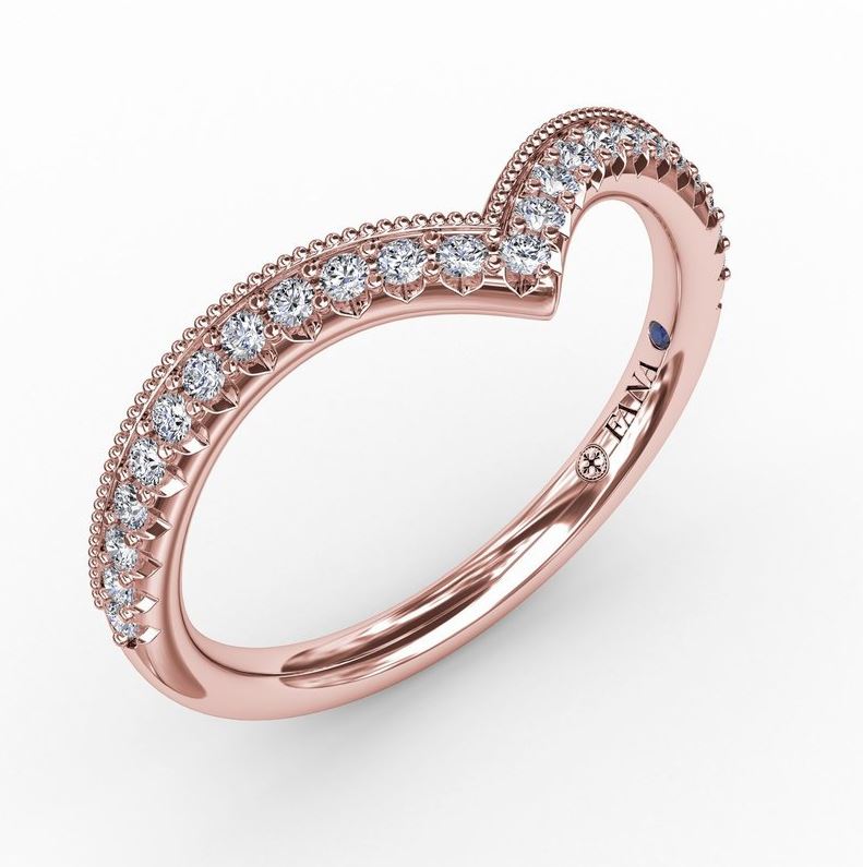 14K Rose Gold "V" Beaded Edge Stackable Diamond Wedding Band