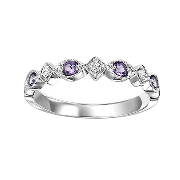 10K White Gold Beaded Edge Stackable Amethyst and Diamond Gemstone Ring