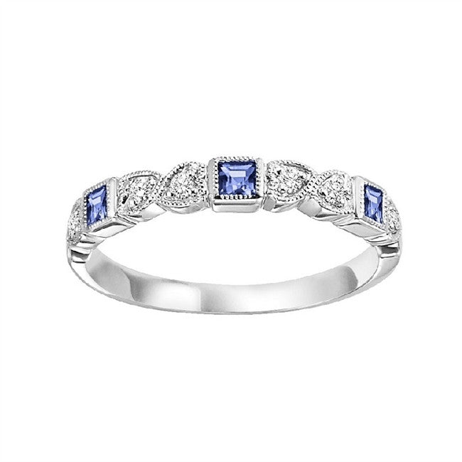 10K White Gold Beaded Edge Stackable Sapphire and Diamond Gemstone Ring