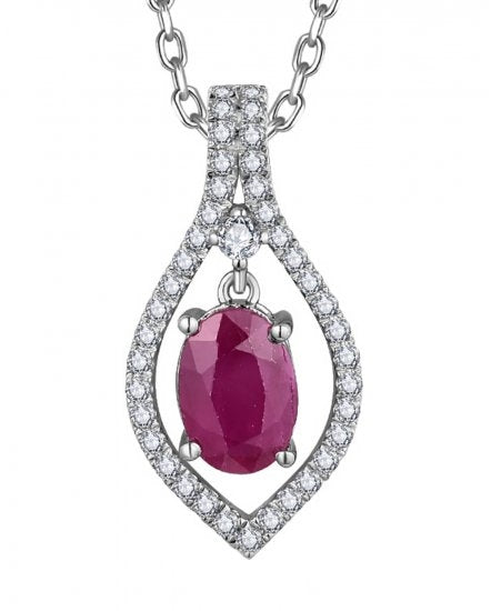14K White Gold Oval Ruby and Diamond Pendant