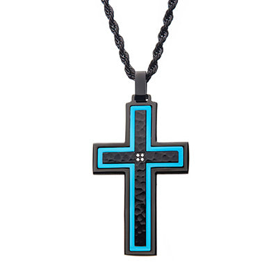 Men's Hammered Blue Line Stainless Steel Cross Pendant with CZ Accents