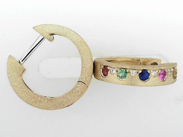 Confetti 14K Yellow Gold Rainbow Gemstone Diamond Satin Huggie Earrings, 23 CTW Gemstones, 4 CTW Diamonds