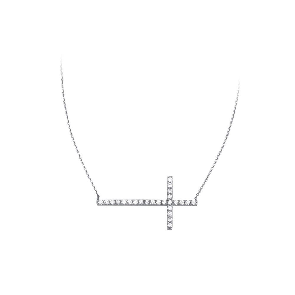 Sterling Silver Sideways CZ Cross Necklace, 18 Inch