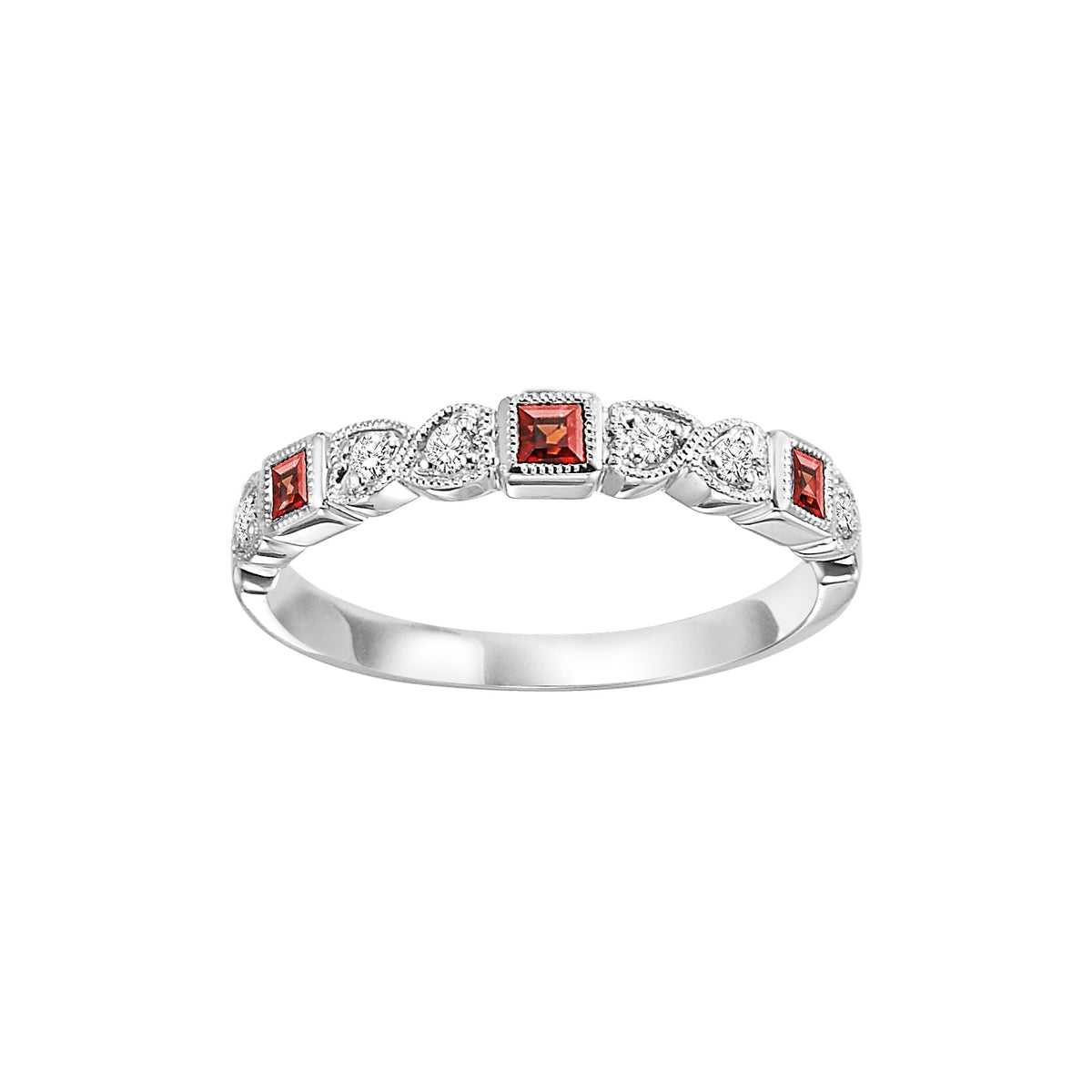 10K White Gold Beaded Edge Stackable Garnet and Diamond Gemstone Ring