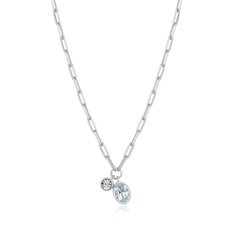March Birthstone Aquamarine & Lab-Created Diamond Mini Paperclip Necklace, Rhodium-Plated Sterling Silver