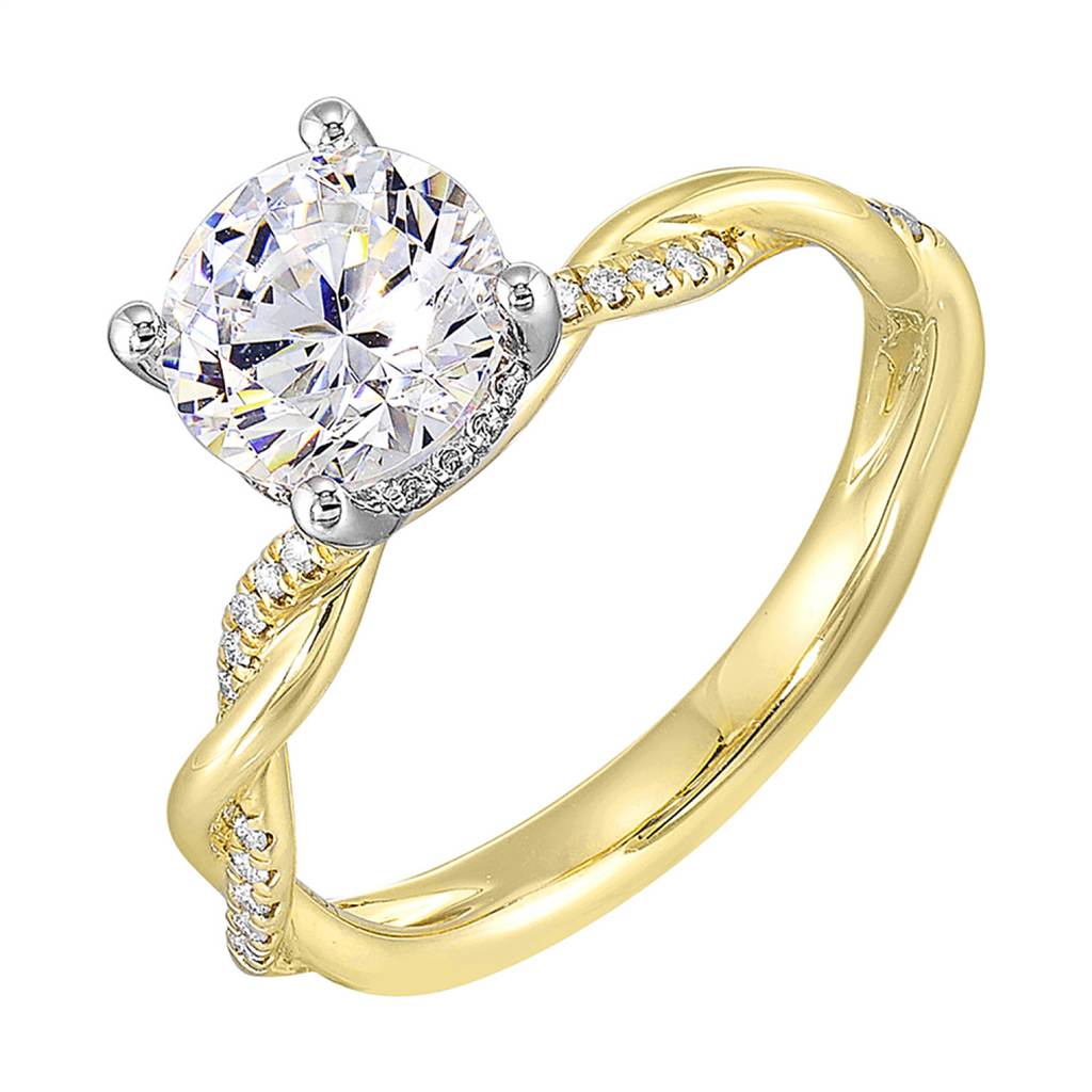 14K Two-Tone Gold Twist Diamond Semi Mount Ring for Round Center, 0.10 CTW Diamonds