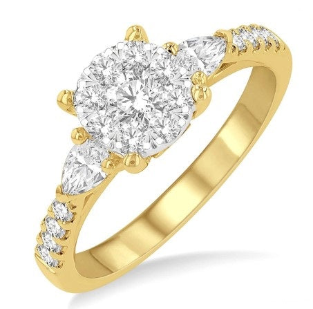 14K Yellow Gold Lovebright Round and Pear Diamond Engagement Ring