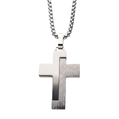 Men's Modern Block-Textured Stainless Steel Cross Pendant
