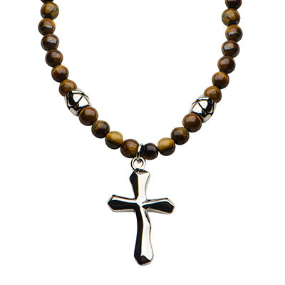 Men's Tiger Eye Bead Necklace with Stainless Steel Cross Pendant