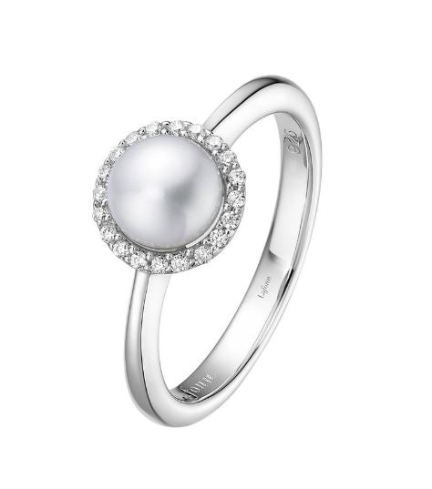 Lafonn White Sterling Silver Pearl Halo Ring, 6mm, 0.20 CTW, Size 7