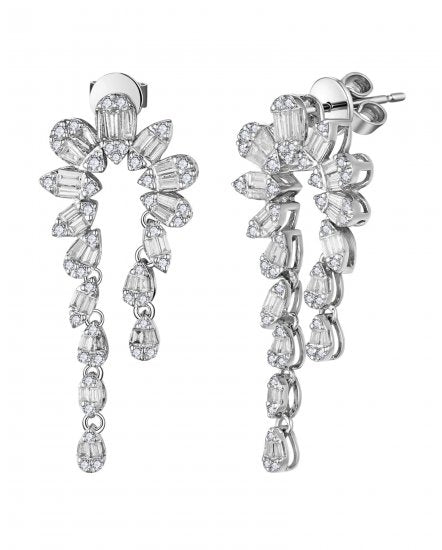 14K White Gold Round and Baguette Dangle Diamond Earrings