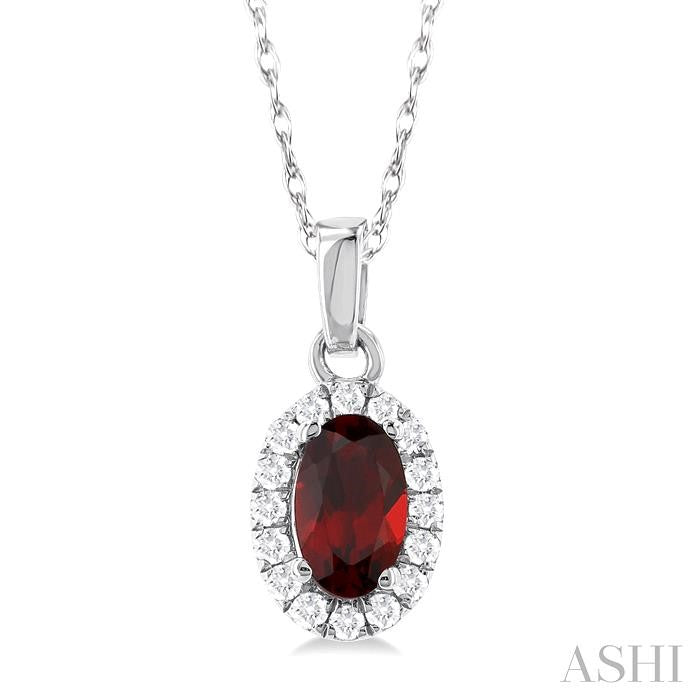10K White Gold Oval Garnet and Diamond Halo Pendant