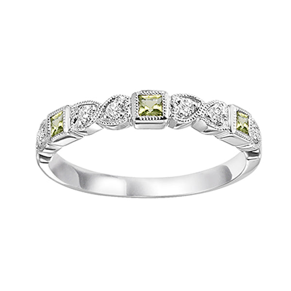 10K White Gold Beaded Edge Stackable Peridot and Diamond Gemstone Ring