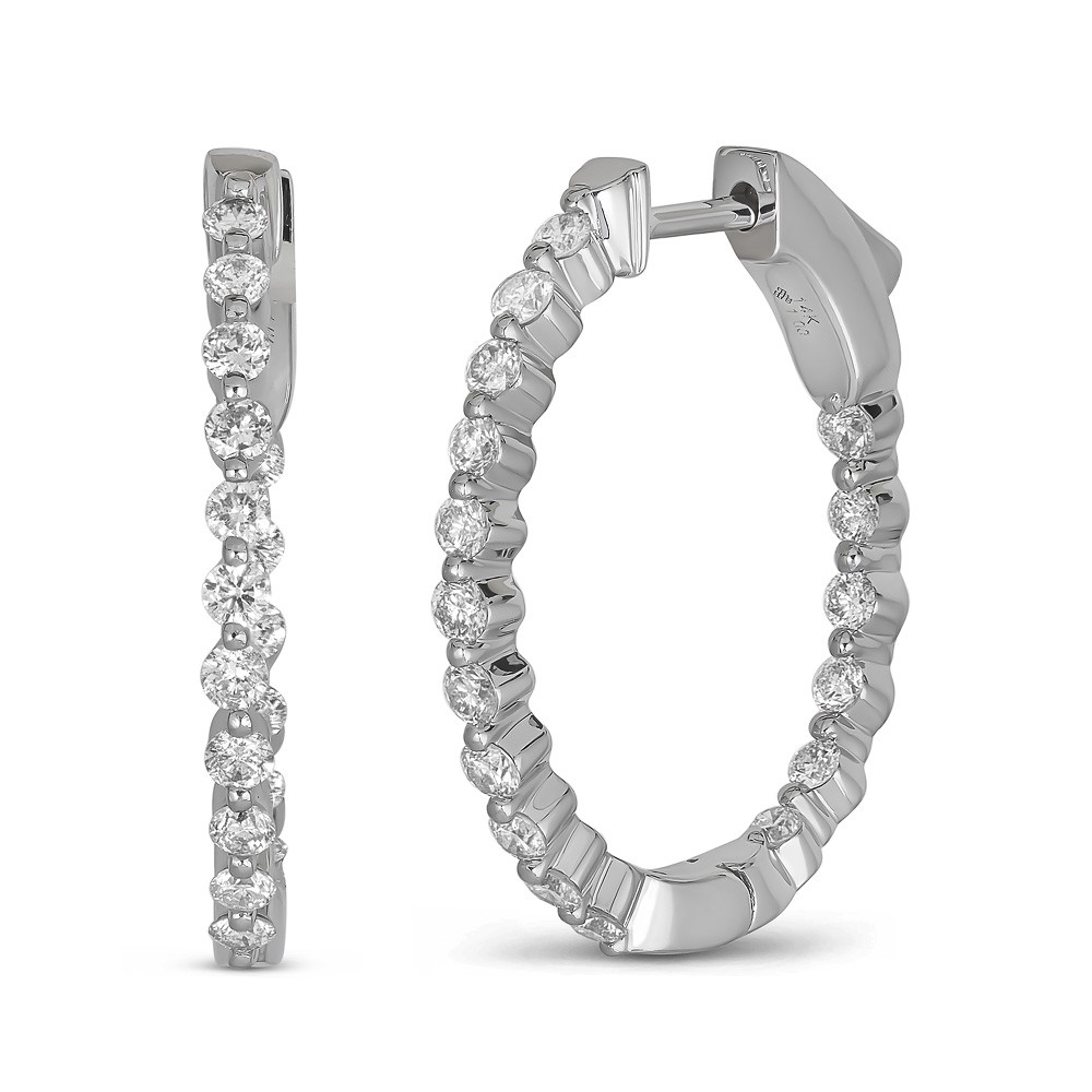 14K White Gold Hoop Diamond Earrings