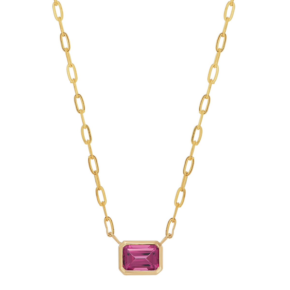 14K Yellow Gold Bezel-Set Emerald-Cut Rhodolite Garnet Pendant Necklace