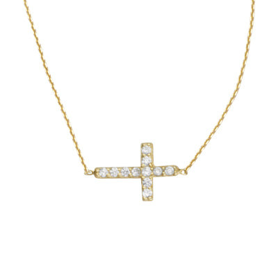 Yellow Sterling Silver Sideways CZ Cross Necklace, 18 Inch