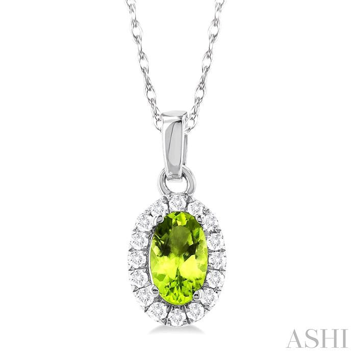 10K White Gold Oval Peridot and Diamond Halo Pendant