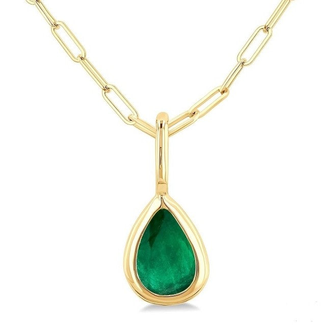 14K Yellow Gold Pear Emerald Pendant on Paperclip Chain