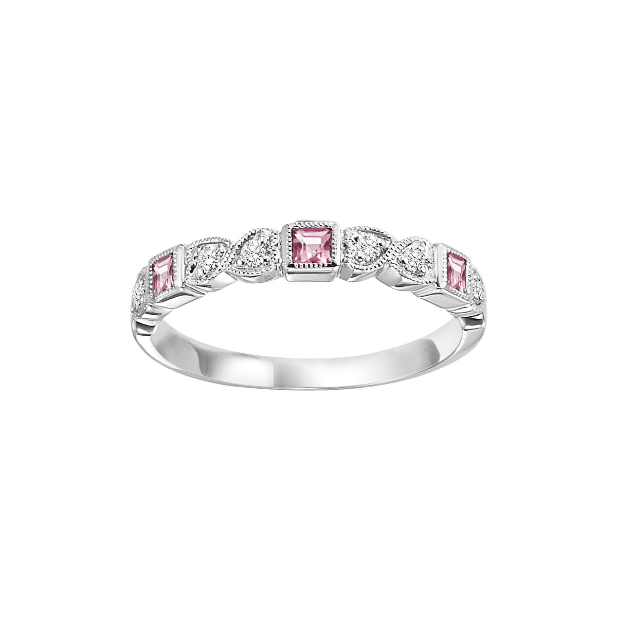 10K White Gold Beaded Edge Stackable Pink Tourmaline and Diamond Gemstone Ring