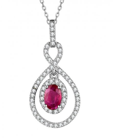 14K White Gold Oval Ruby and Diamond Pendant