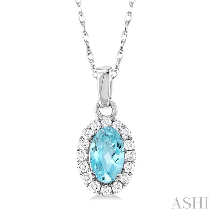 10K White Gold Oval Aquamarine and Diamond Halo Pendant