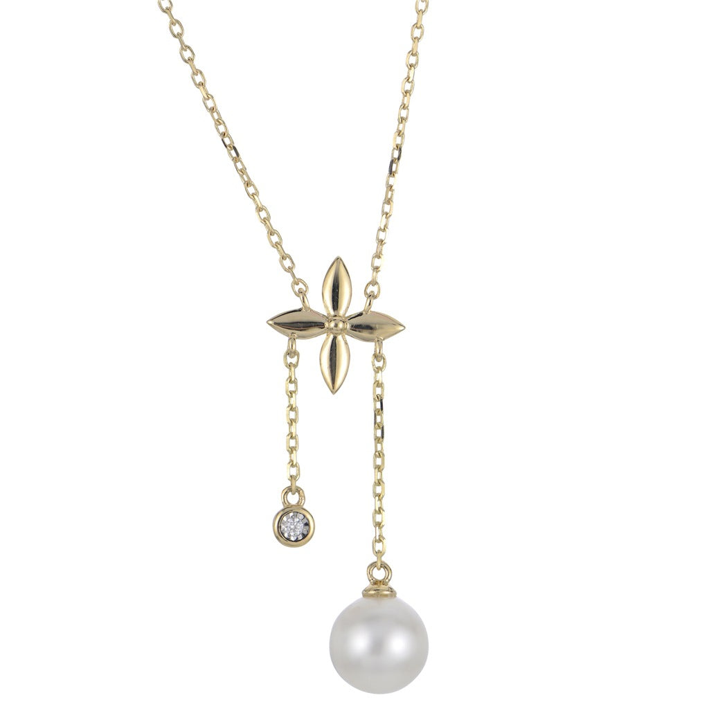 14K Yellow Gold Flower Freshwater Pearl and Diamond Pendant