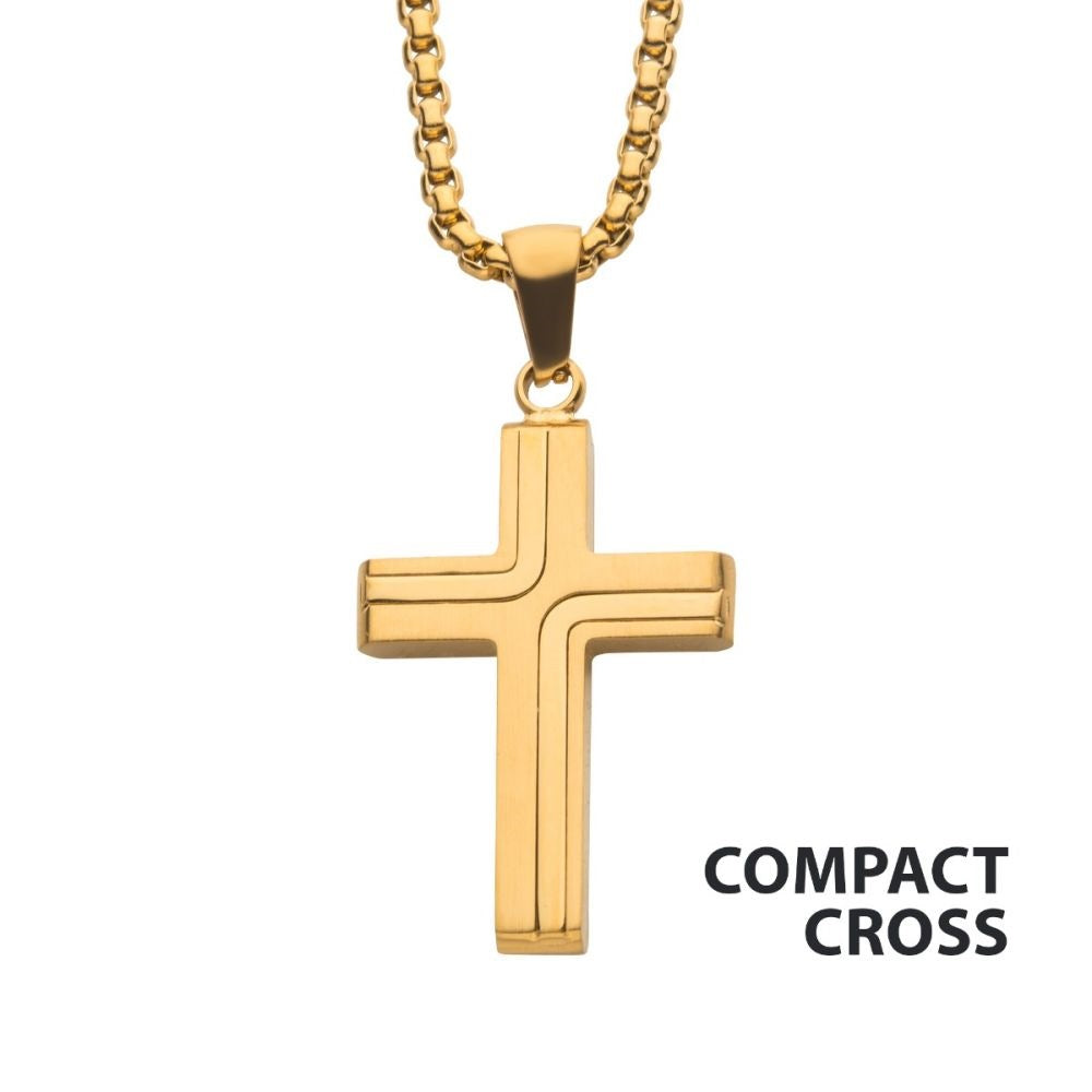 Men's 18K Gold IP Cross Pendant Necklace with Box Chain, 22 Inch