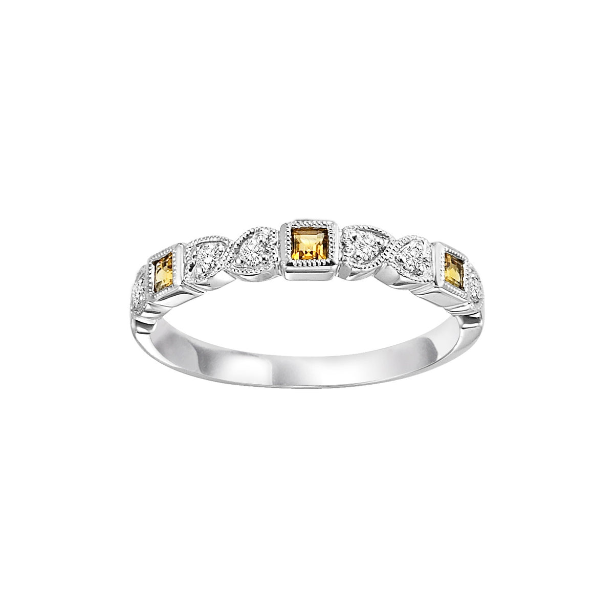 10K White Gold Beaded Edge Stackable Citrine and Diamond Gemstone Ring