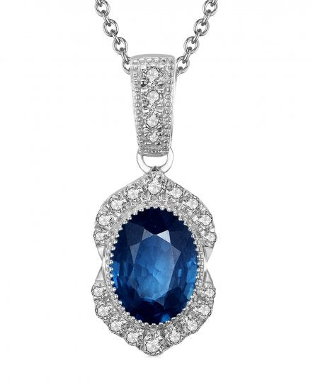 14K White Gold Oval Sapphire and Diamond Pendant