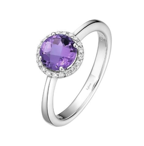 Lafonn White Sterling Silver February Birthstone Amethyst Halo Ring, 0.20 CTW, Size 7