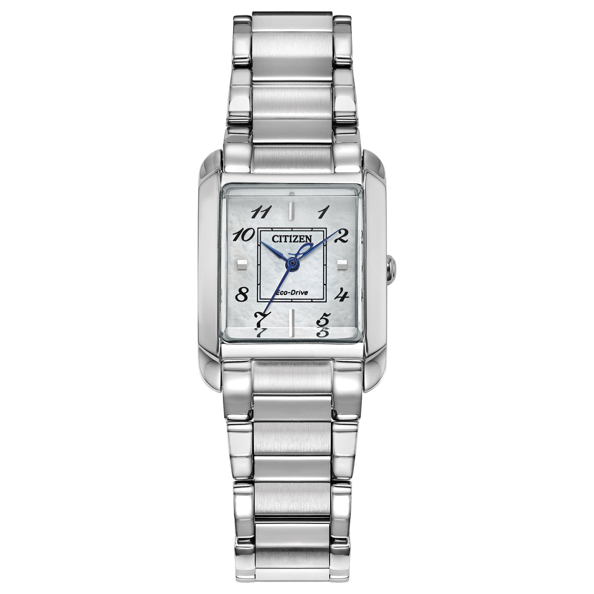 Citizen Eco-Drive Stainless Steel Women's Watch with Mother-of-Pearl Dial and Blue Hands