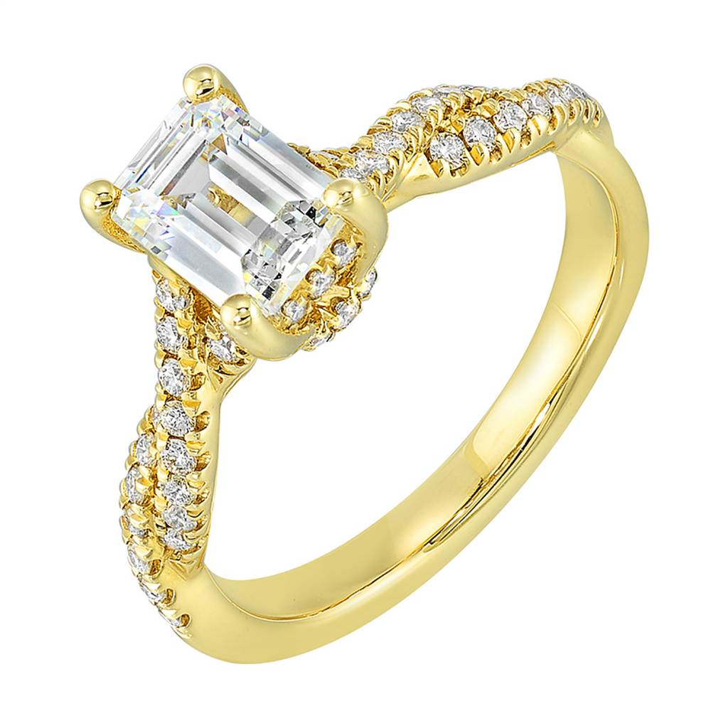 14K Gold Twist Diamond Semi Mount Ring for Emerald Cut Center, 0.33 CTW Diamonds