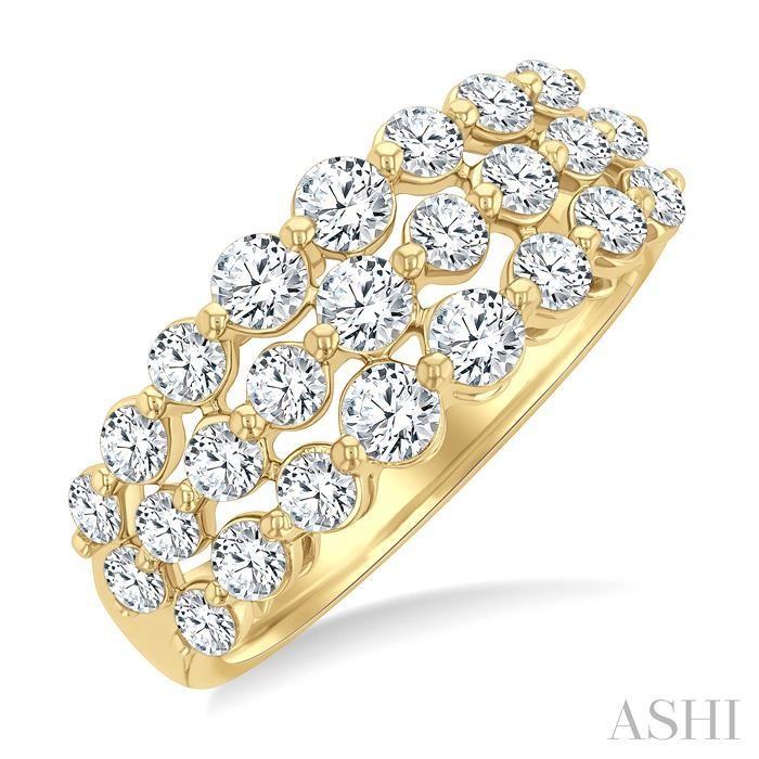 14K Yellow Gold Lattice Triple Row Diamond Fashion Ring