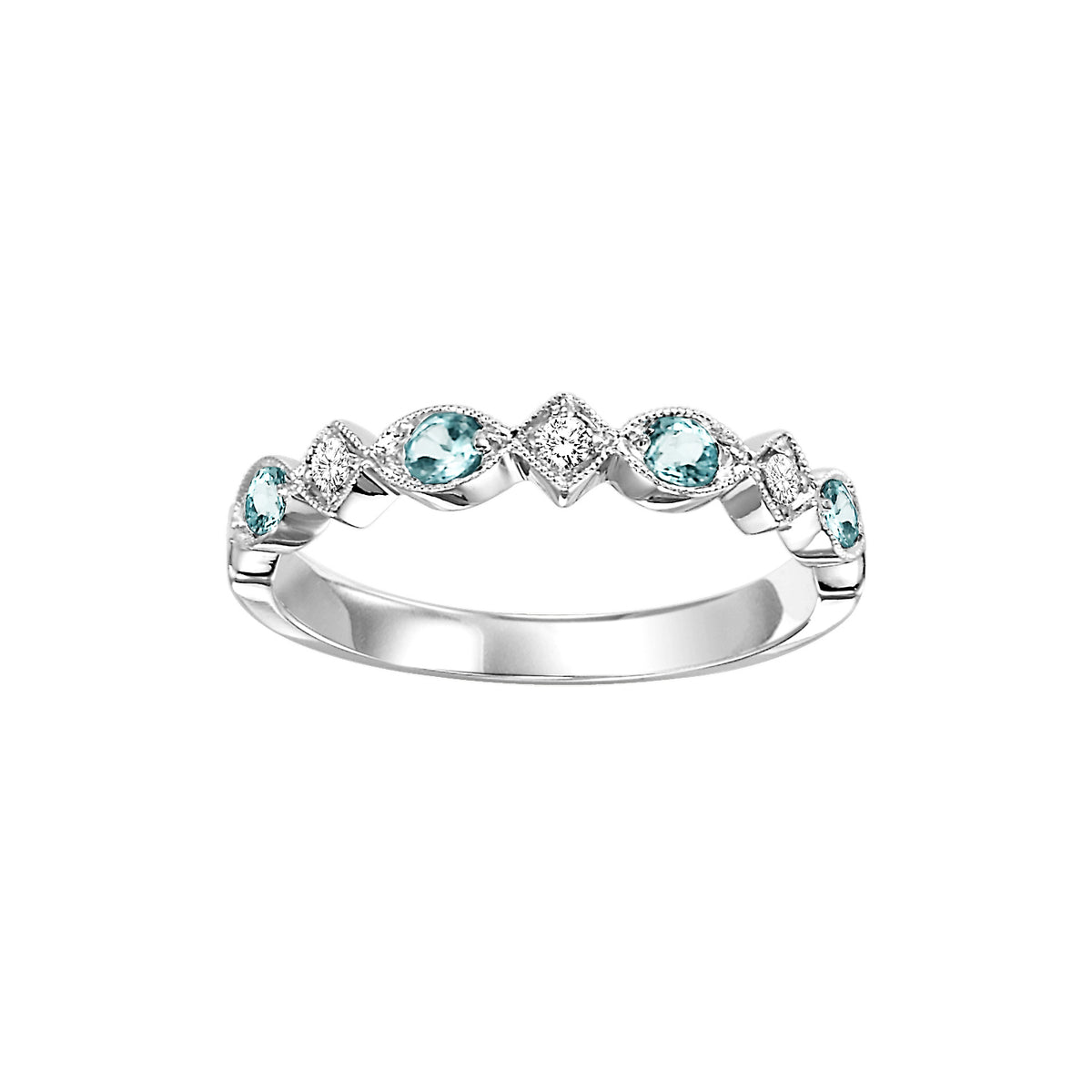 10K White Gold Beaded Edge Stackable Blue Topaz and Diamond Gemstone Ring