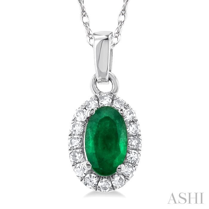 10K White Gold Halo Emerald and Diamond Pendant