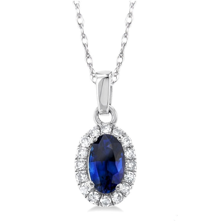 10K White Gold Halo Sapphire and Diamond Pendant