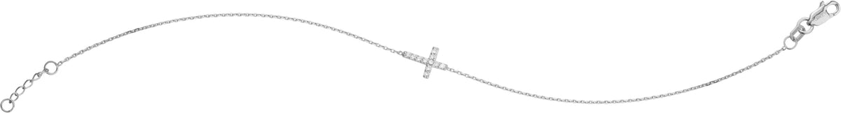 Sterling Silver Mini Sideways CZ Cross Bracelet, 7.5 Inch