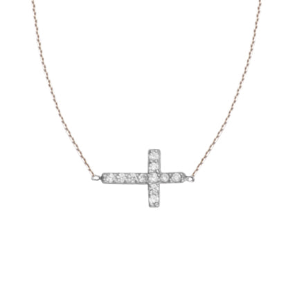 Sterling Silver Sideways CZ Cross Necklace, 18 Inch
