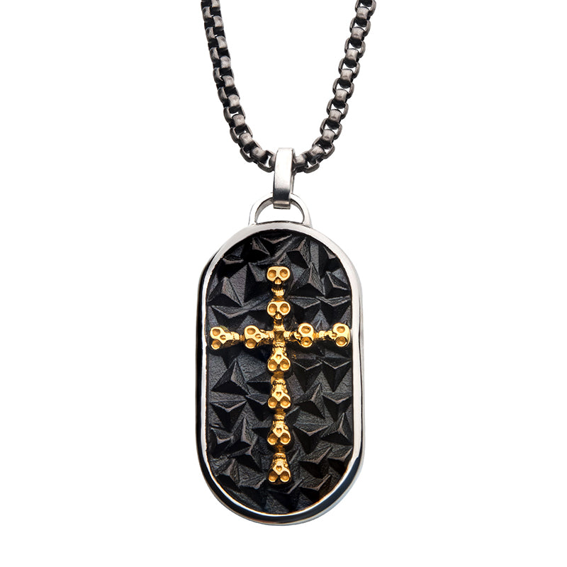 Men's 18K Gold IP Skull Cross Dog Tag Pendant with Round Box Chain