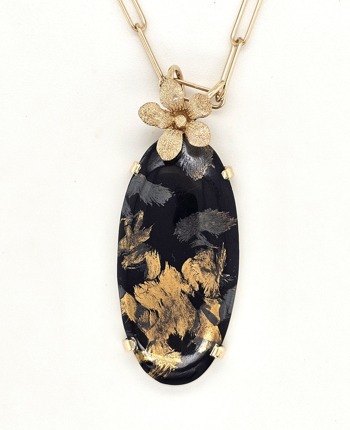 One-of-a-Kind 14K Yellow Gold Cabochon Gemstone and Diamond Pendant with Paperclip Chain