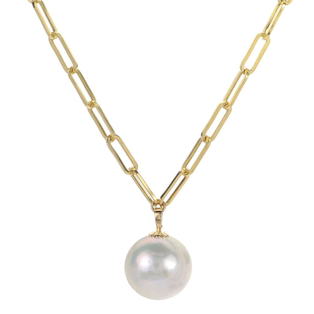 14K Yellow Gold Paperclip Pendant Necklace with Freshwater Pearl