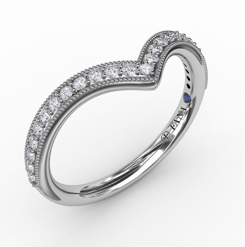 14K White Gold "V" Beaded Edge Stackable Diamond Wedding Band