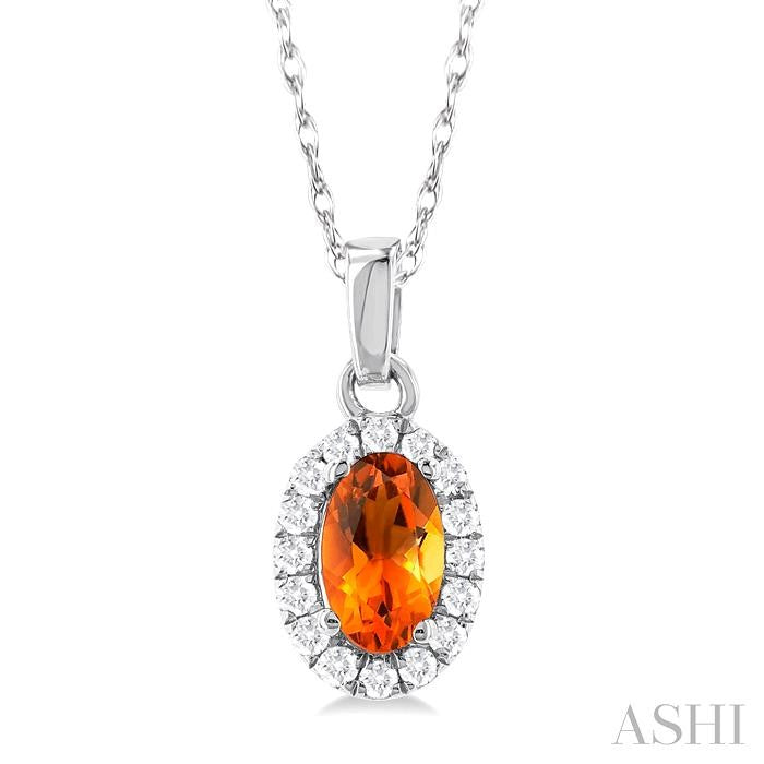 10K White Gold Oval Citrine and Diamond Halo Pendant Necklace