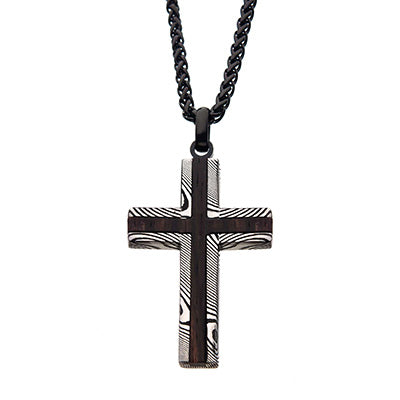 Men's Black IP Damascus Steel Cross Pendant with Ebony Wood Inlay